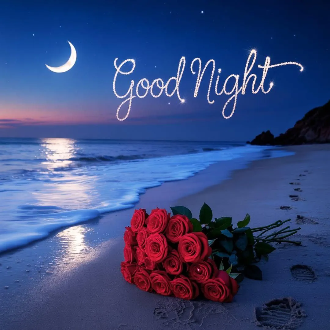 Blue Night Lake and Rose with Gentle Good Night Wallpaper