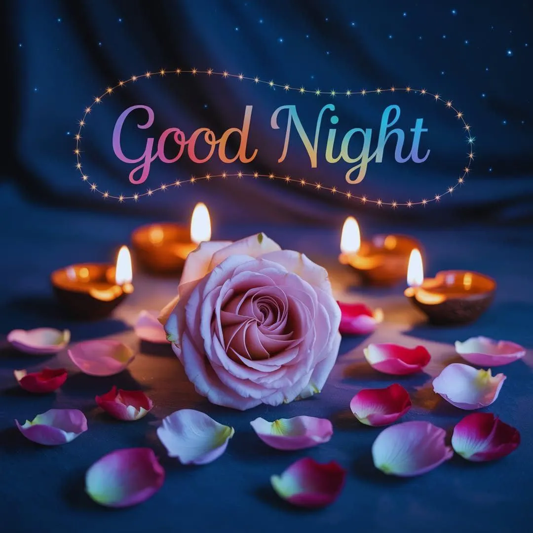 Blue Rose with Candles and Good Night Message Wallpaper