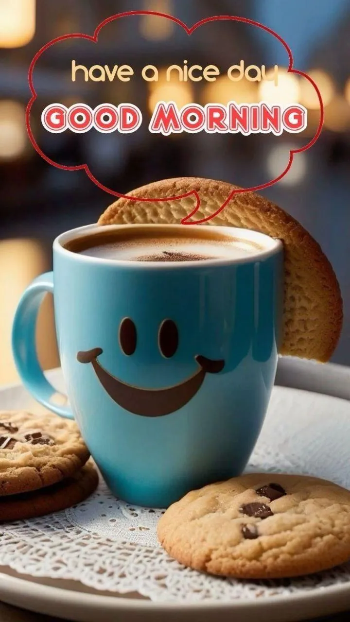 Blue Smiley Coffee Cup with Morning Text and Colorful Design