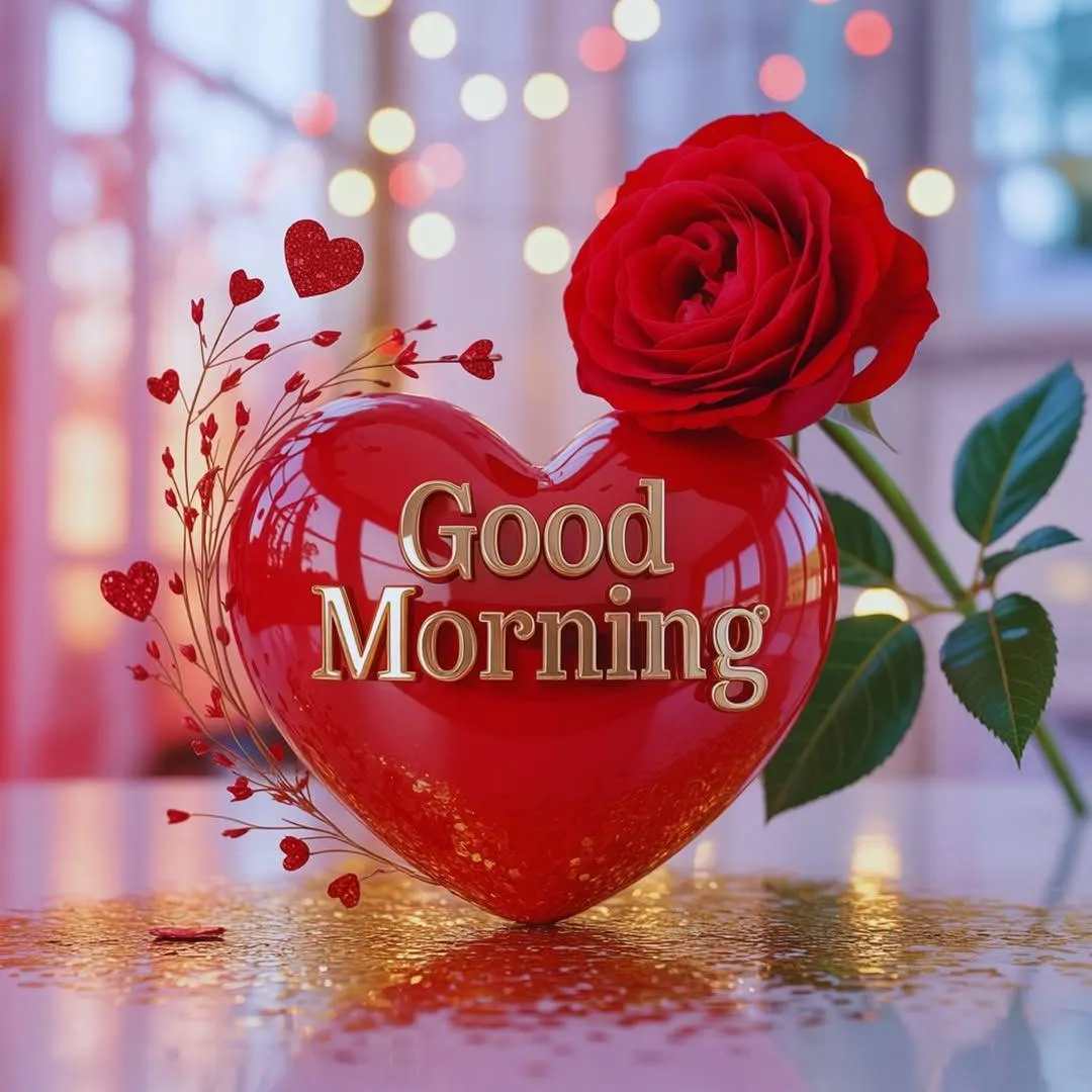 Bright Red Rose with Golden Text and Morning Vibe Wallpaper
