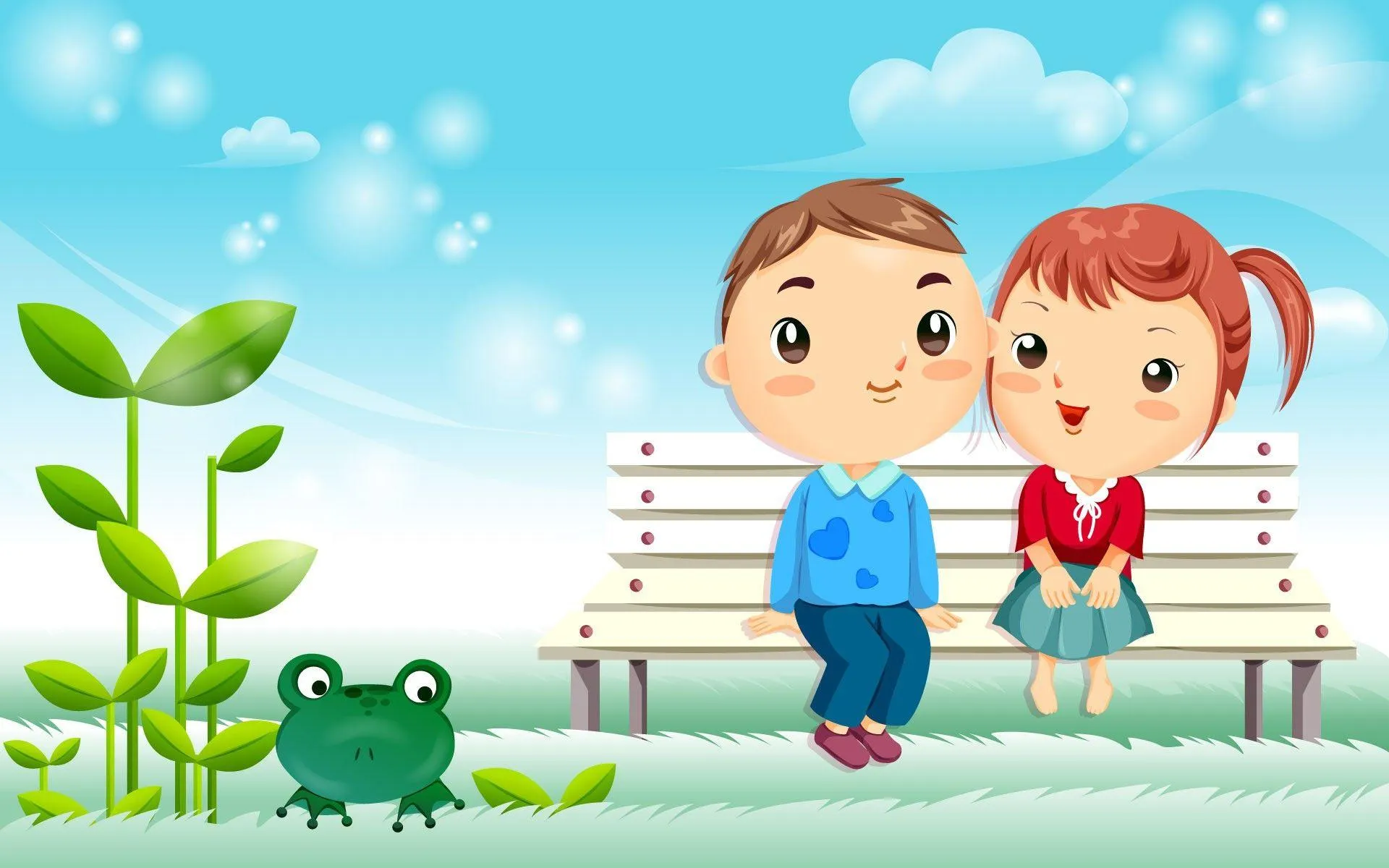 Cartoon Couple Sitting on Bench Sharing Pure Joy Wallpaper