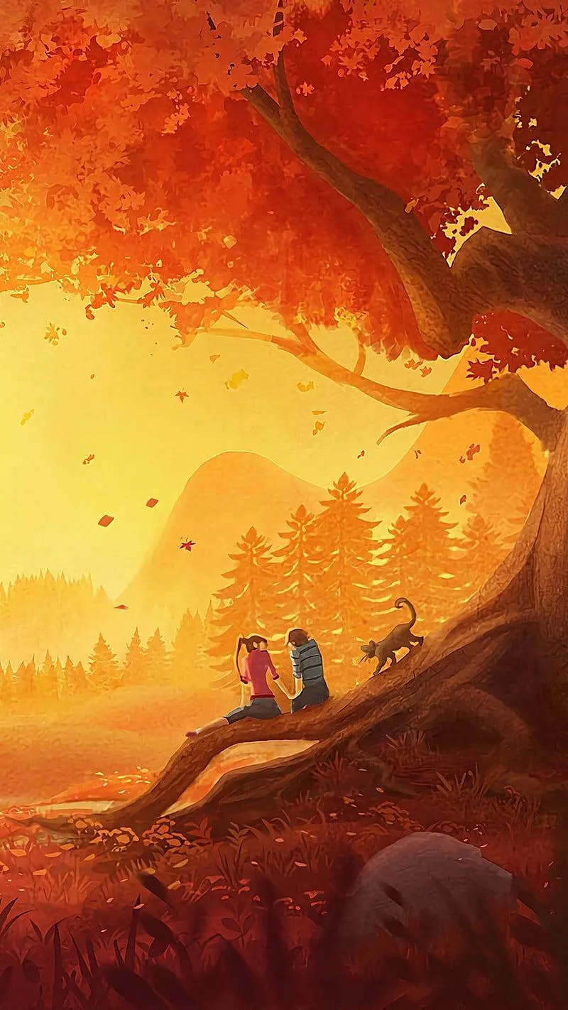 Cartoon Couple Sitting Under Autumn Tree in Warm Sunset