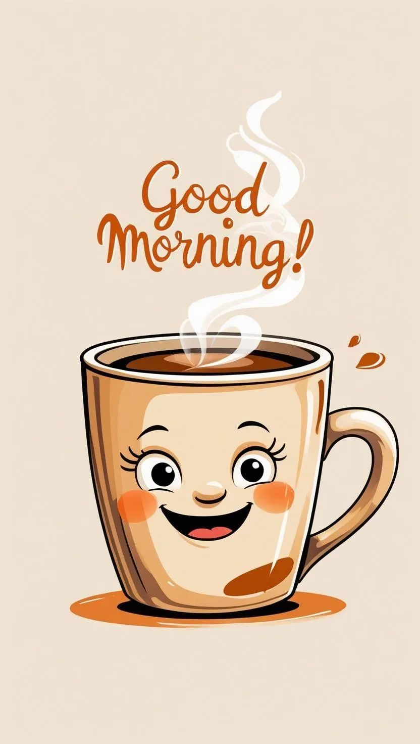 Cartoon Face Cup with Happy Good Morning Message Image