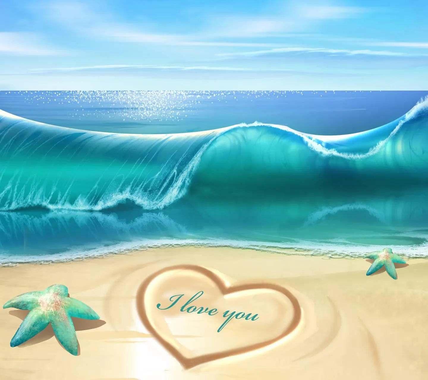 Cartoon Heart Drawn on Sand Beside Calm Ocean Horizon