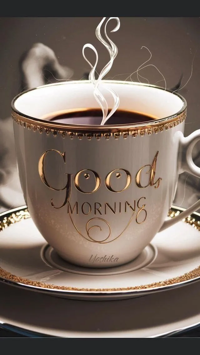 Classic Coffee Cup with Light Reflection and Morning Wishes