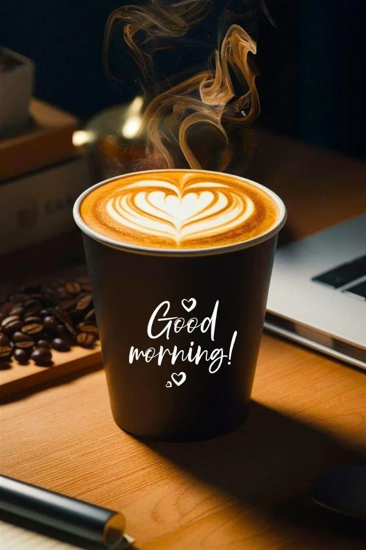 Coffee Foam with Heart and Morning Quote on Wooden Table
