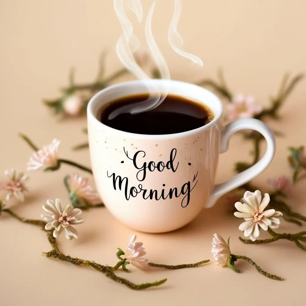 Coffee Mug and Roses Create a Peaceful Morning Mood