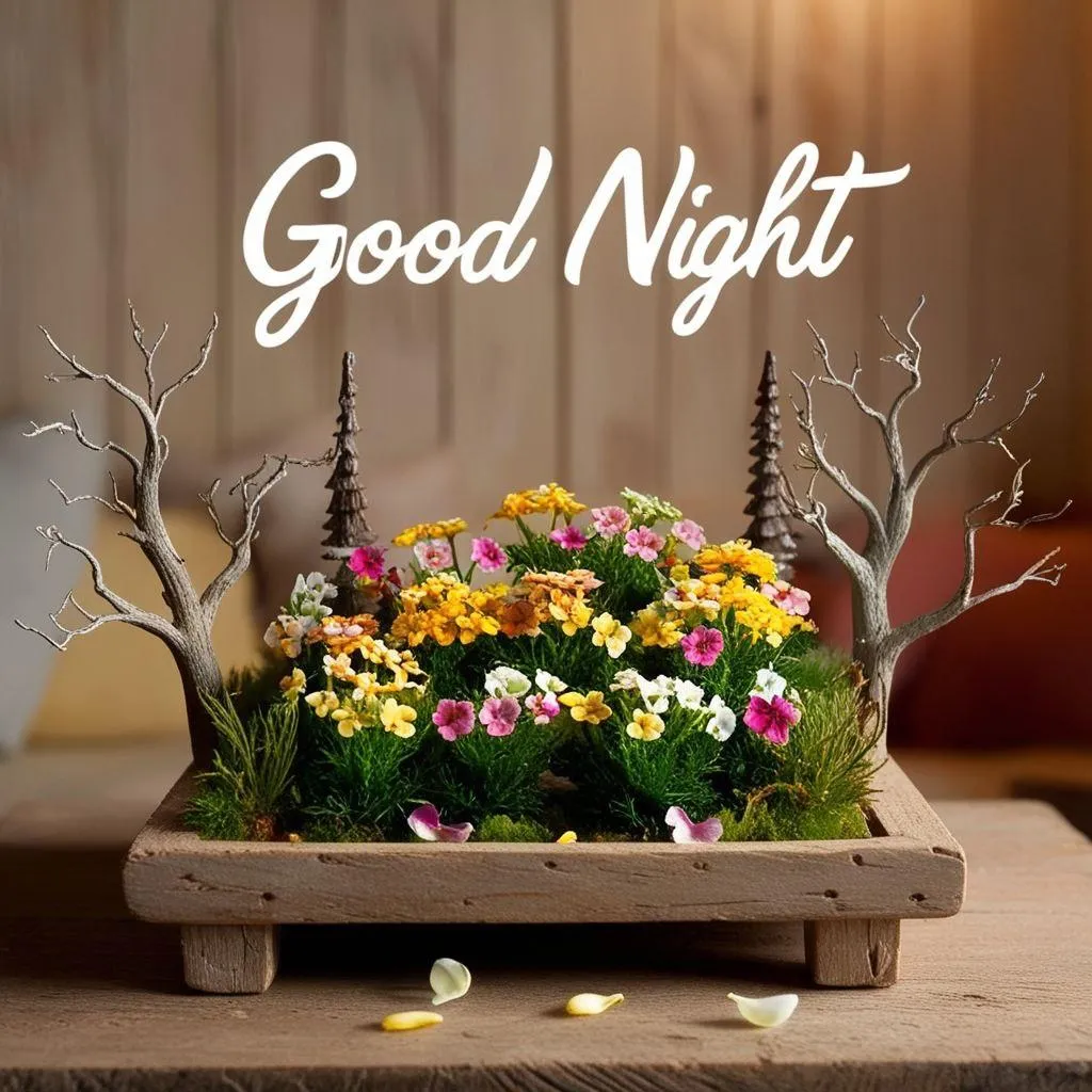 Colorful Flowers and Good Night Wishes on Wooden Tray