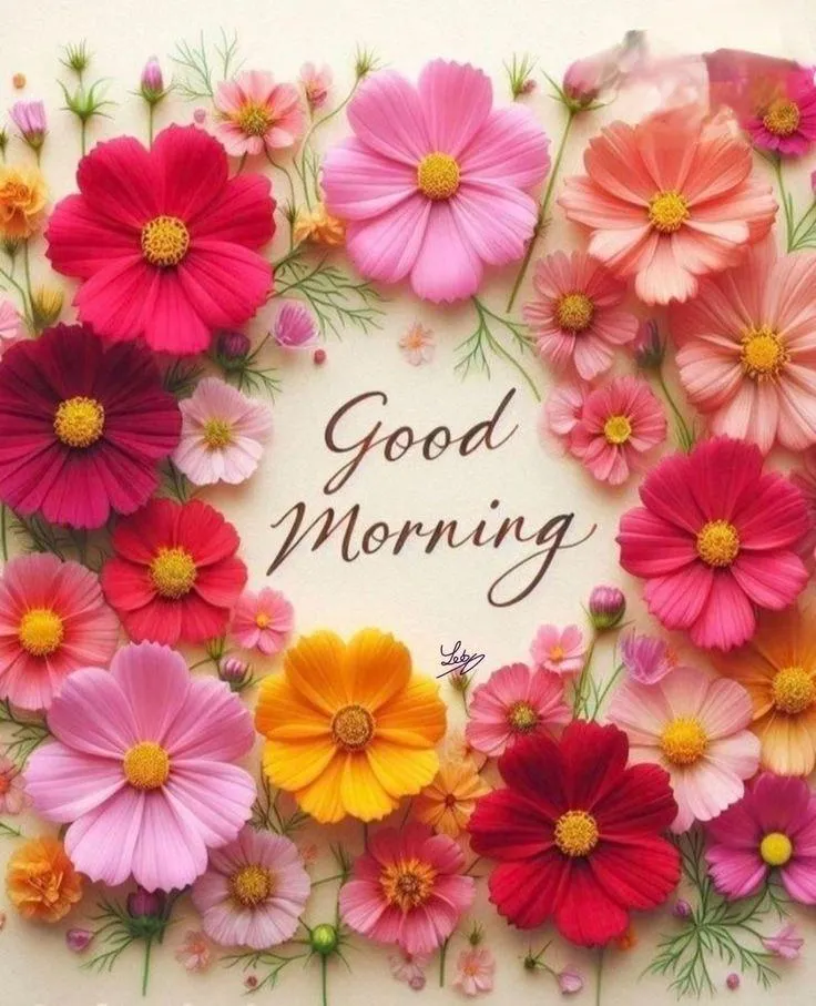 Colorful Flowers and Happy Good Morning Greeting Image