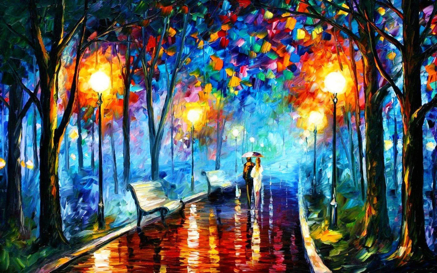 Colorful Park Painting Expressing Romantic Peace Painting