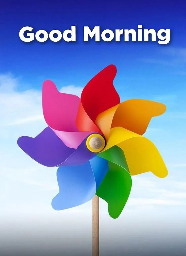 Colorful Pinwheel and Blue Sky with Bold Morning Text