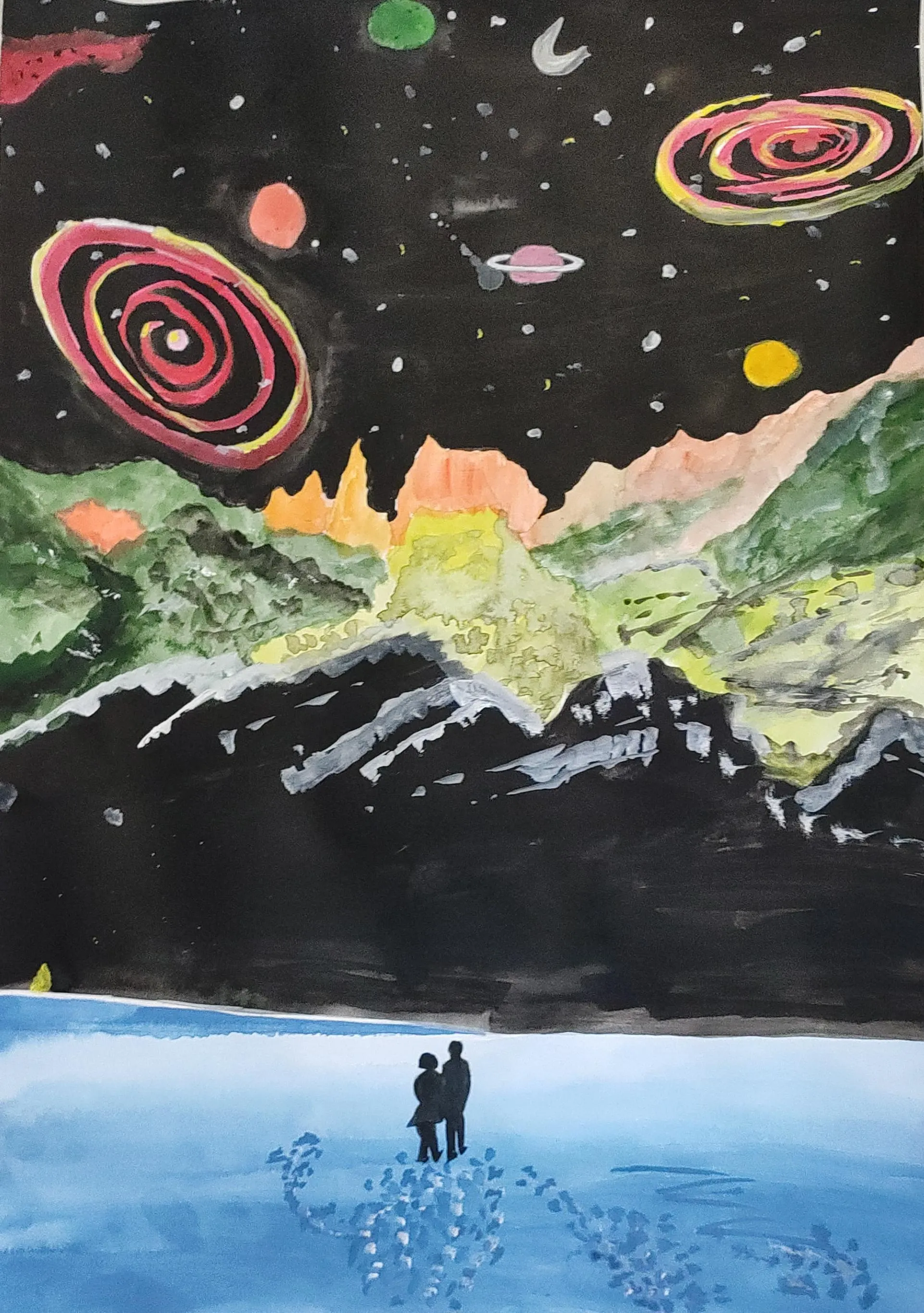 Couple Holding Hands in a Snowy Mountain Scene Painting