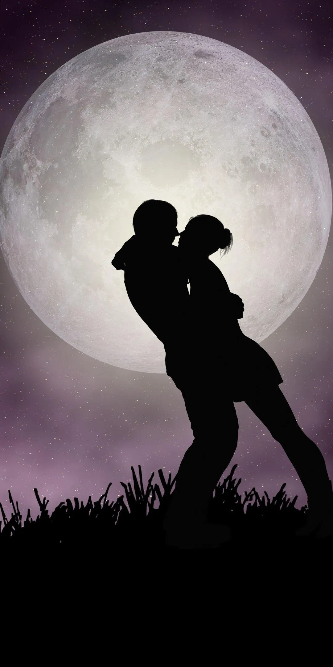 Couple Hugging Under Full Moon Night Sky 4K Image