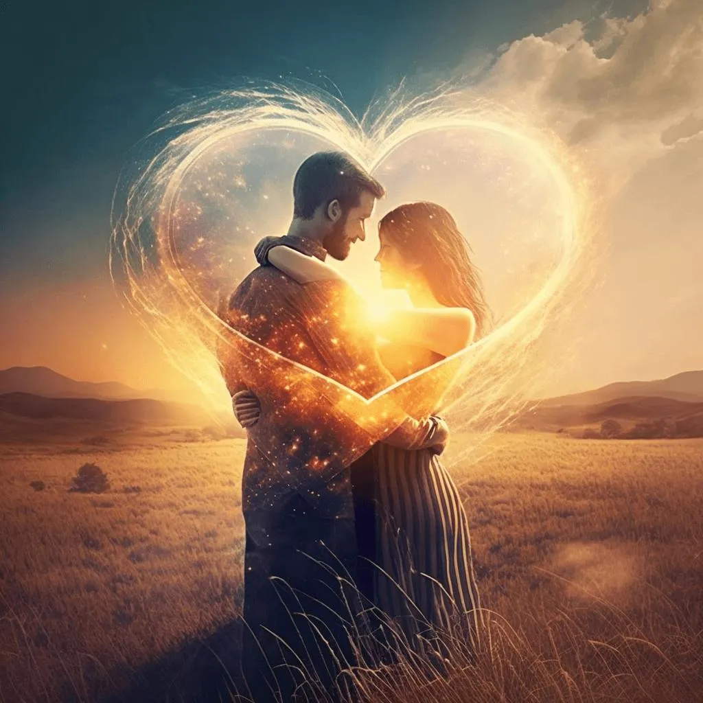 Couple in Sunset Surrounded by Glowing Heart Wallpaper