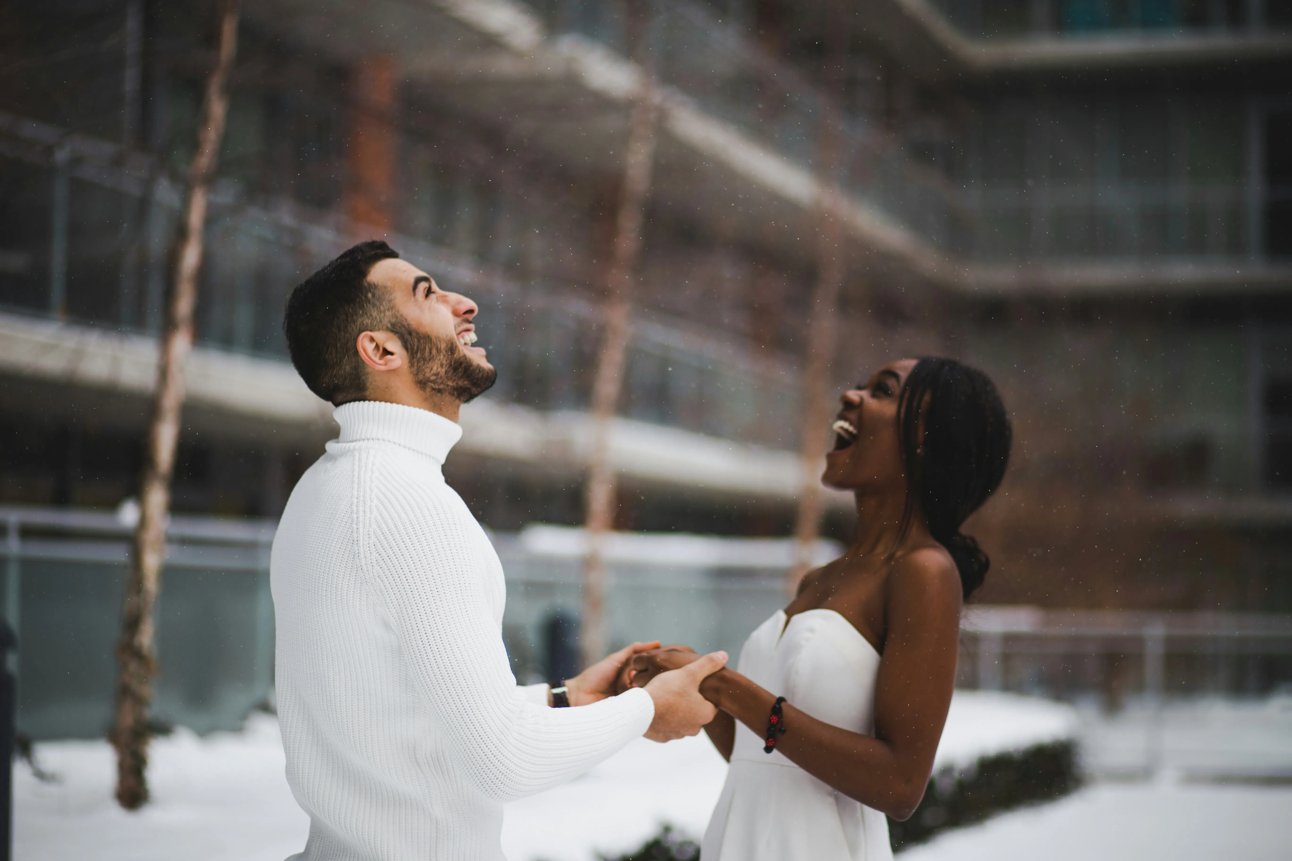 Couple Laughing Together in Peaceful Winter Setting