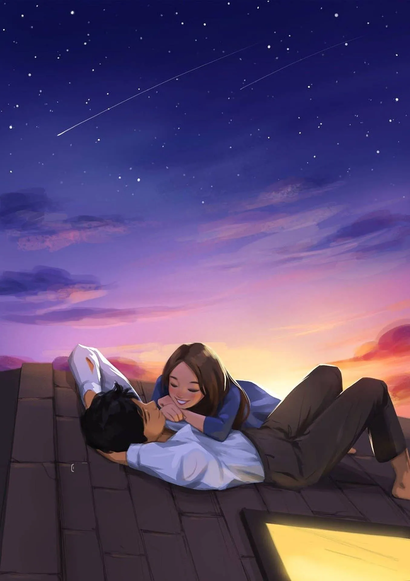Couple Lying Under Starry Sky Dreaming of Love Wallpaper