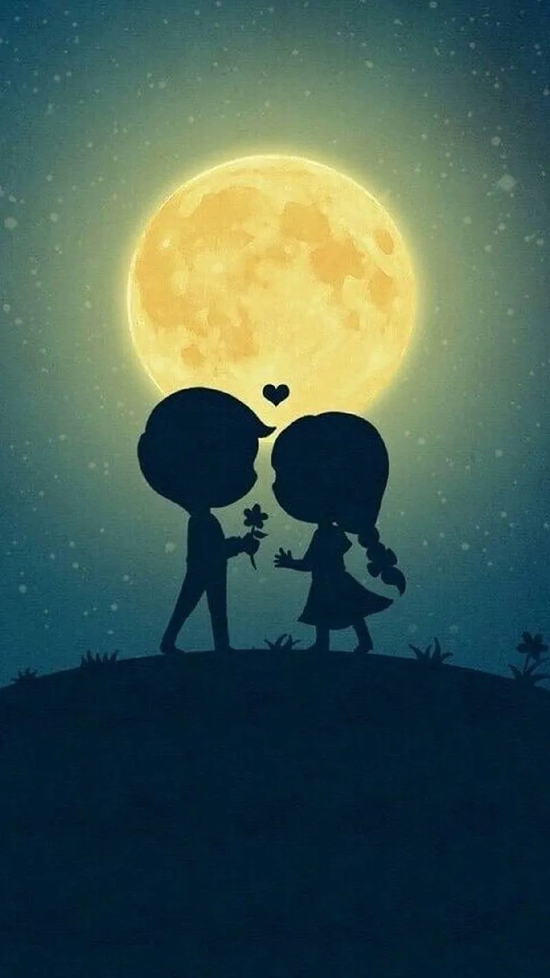 Couple Silhouette Standing Under Bright Moon Wallpaper