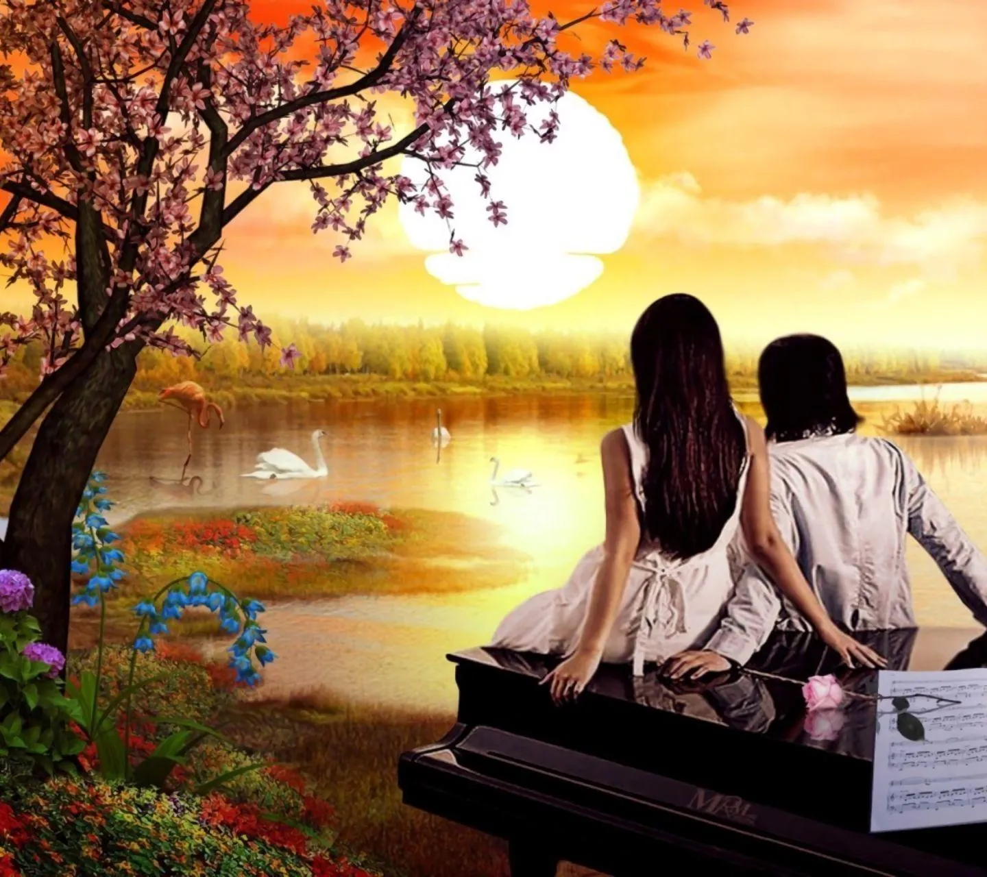 Couple Sitting on Piano and Watching Sunset in Nature