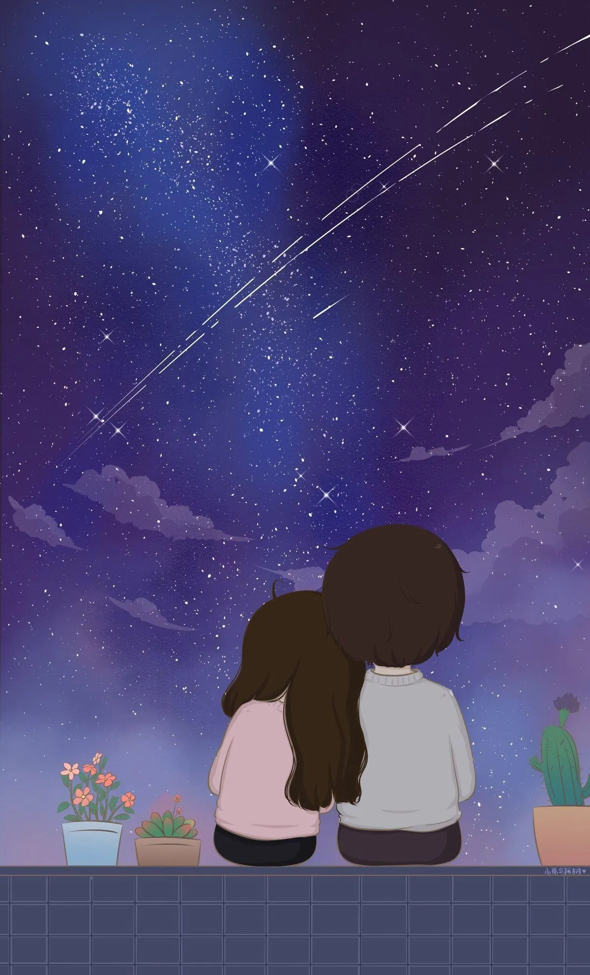 Couple Sitting Under Stars Sharing Tender Bond Wallpaper