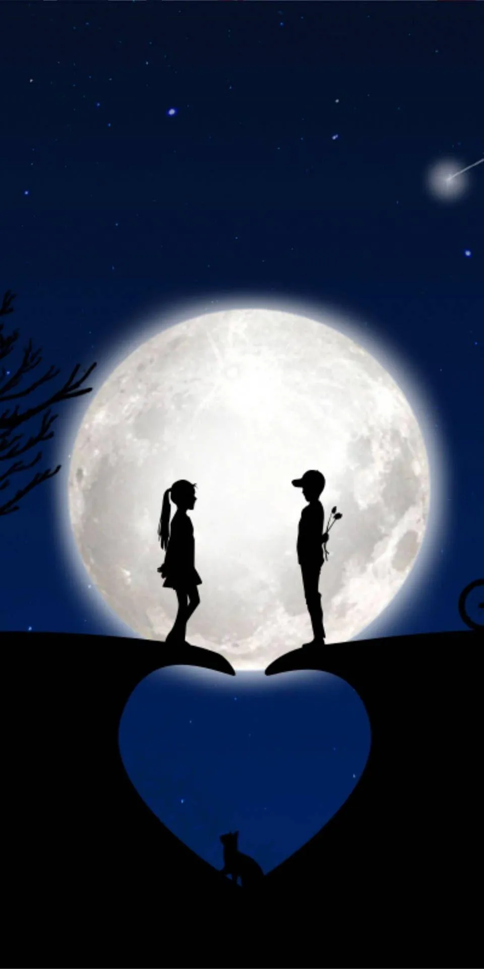 Couple Standing Under Moonlit Sky with Love Heart Wallpaper