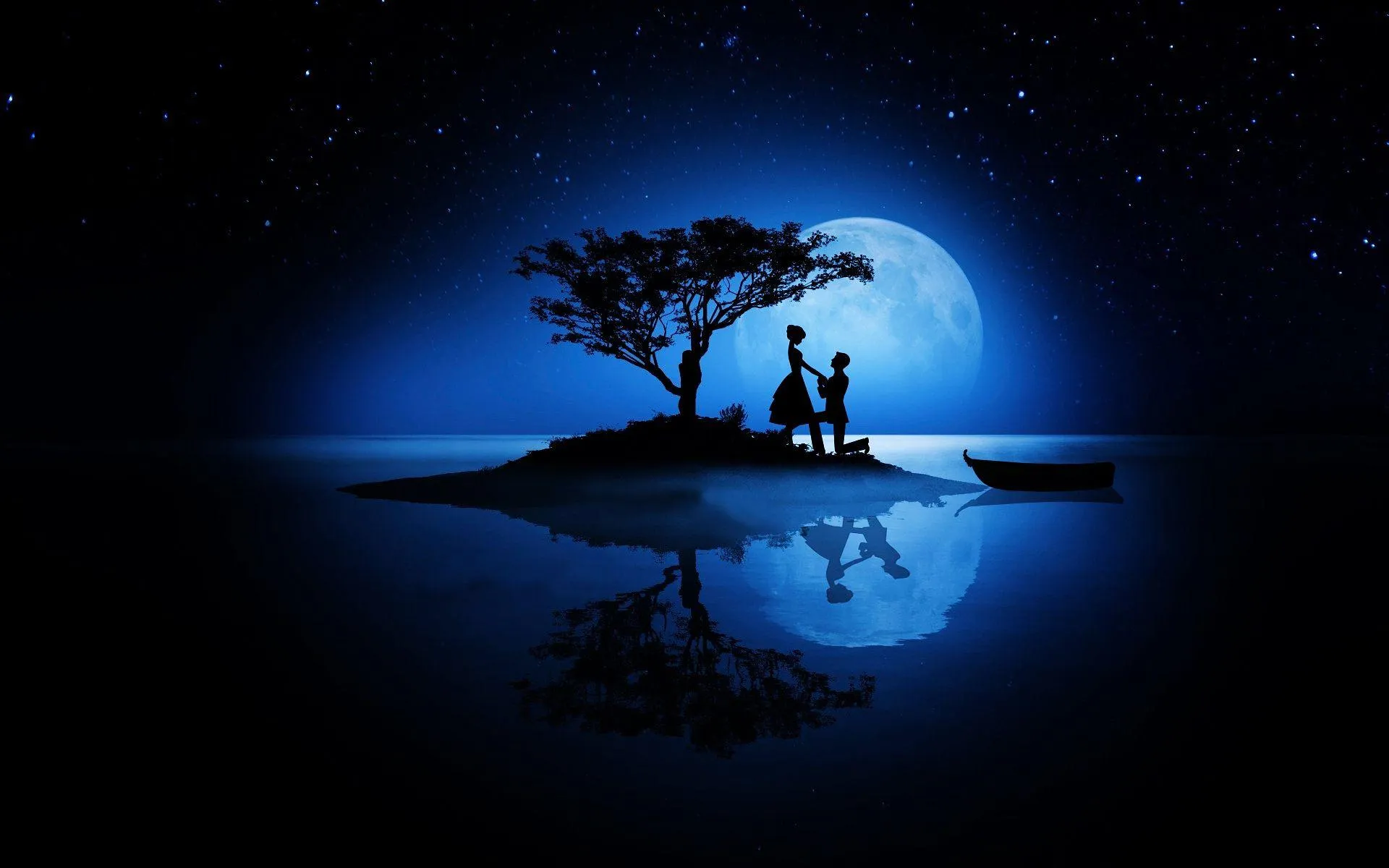 Couple Under Tree Silhouette in Blue Moonlight with Boat