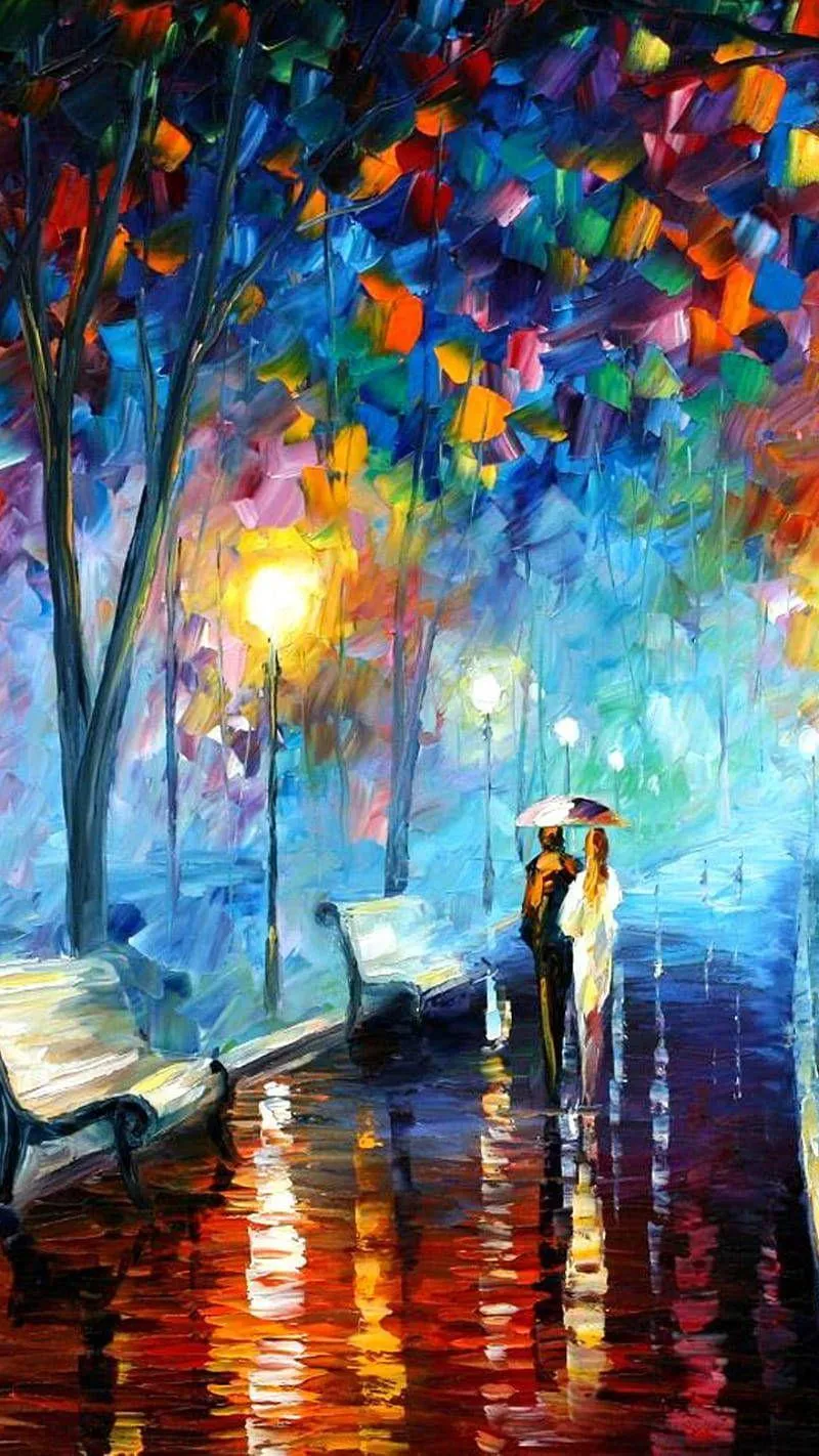 Couple Walking in Rain with Streetlight Romance Wallpaper