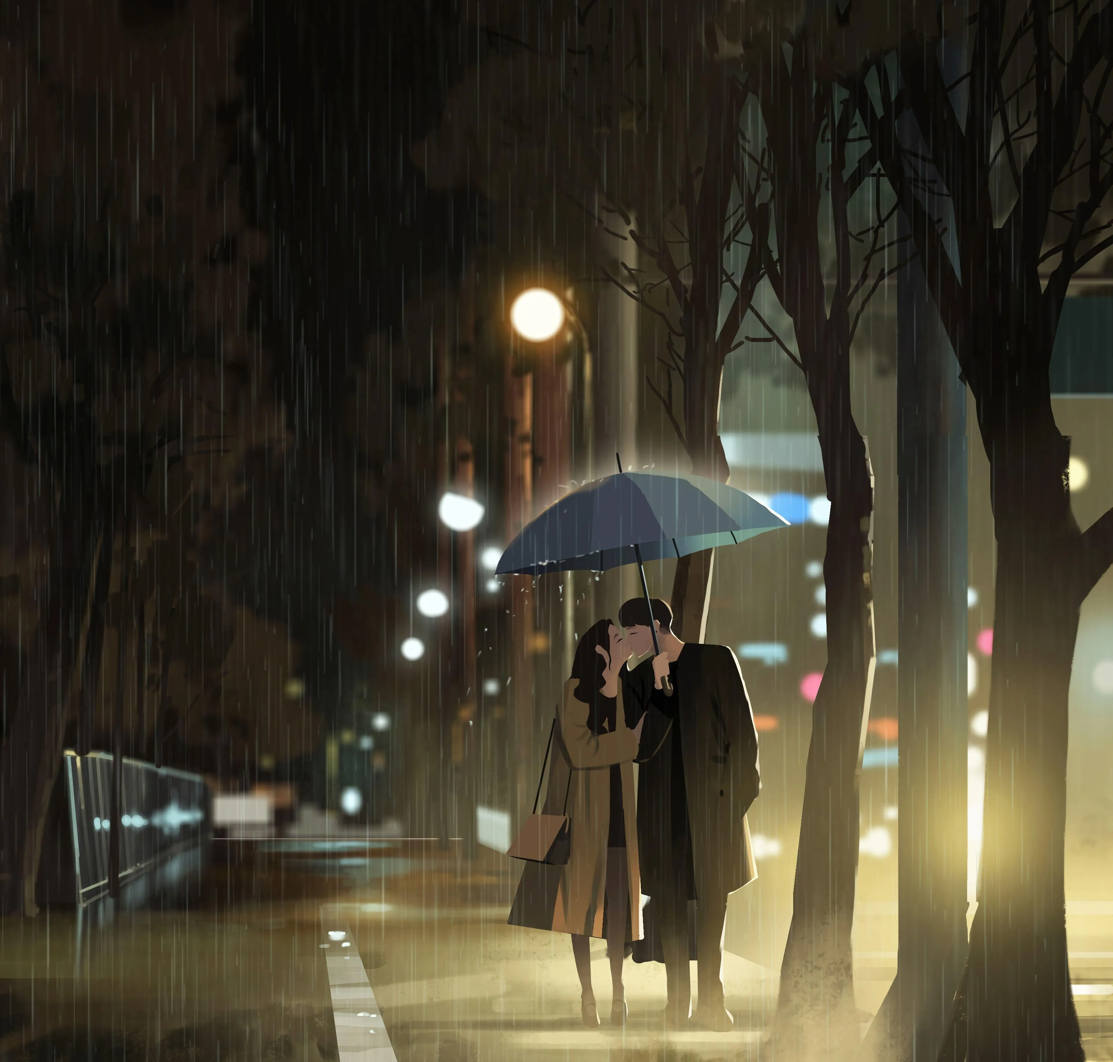 Couple Walking in the Rain Under City Lights Wallpaper