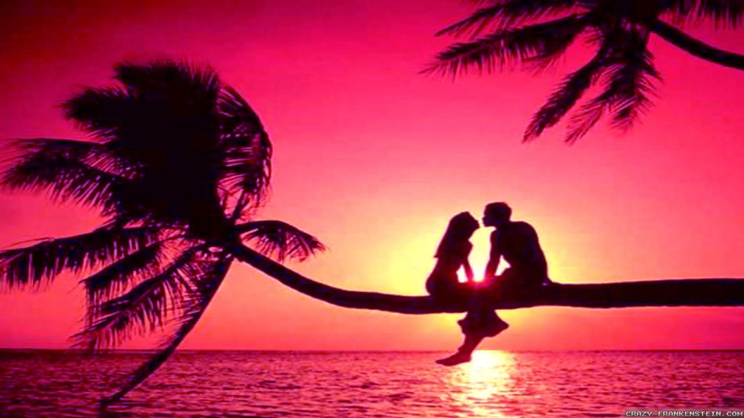Couple Watching Pink Sunset at a Tropical Beach Wallpaper