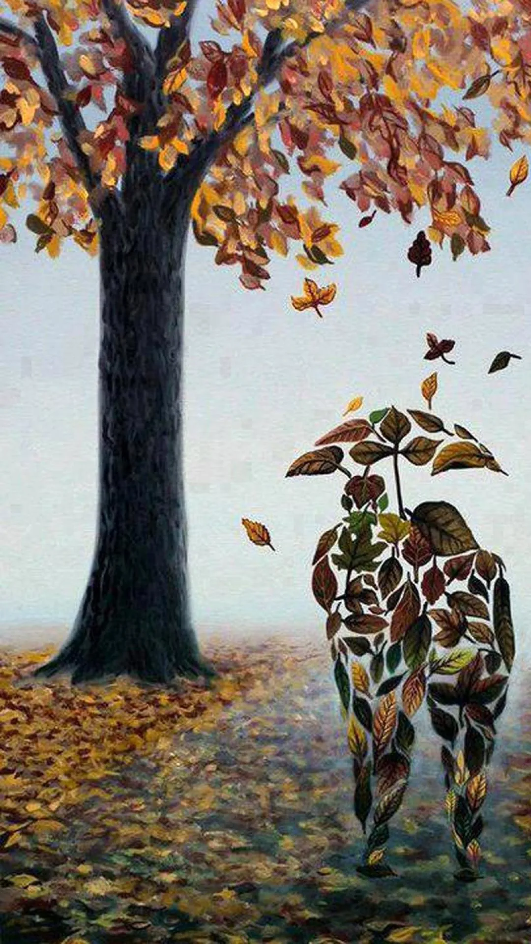 Creative Leaf Man and Woman Under Autumn Leaves Wallpaper