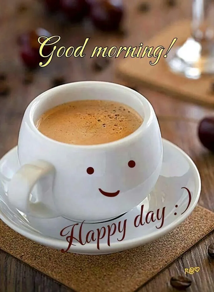 Cup of Coffee and Happy Day Text on White Background