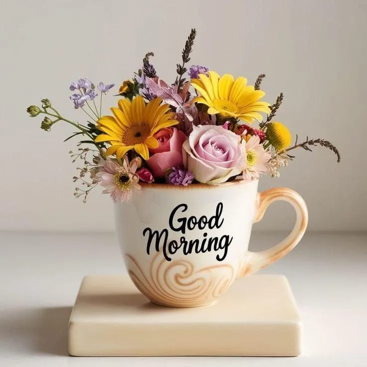 Cup with Yellow Flowers and Fresh Morning Vibes Image
