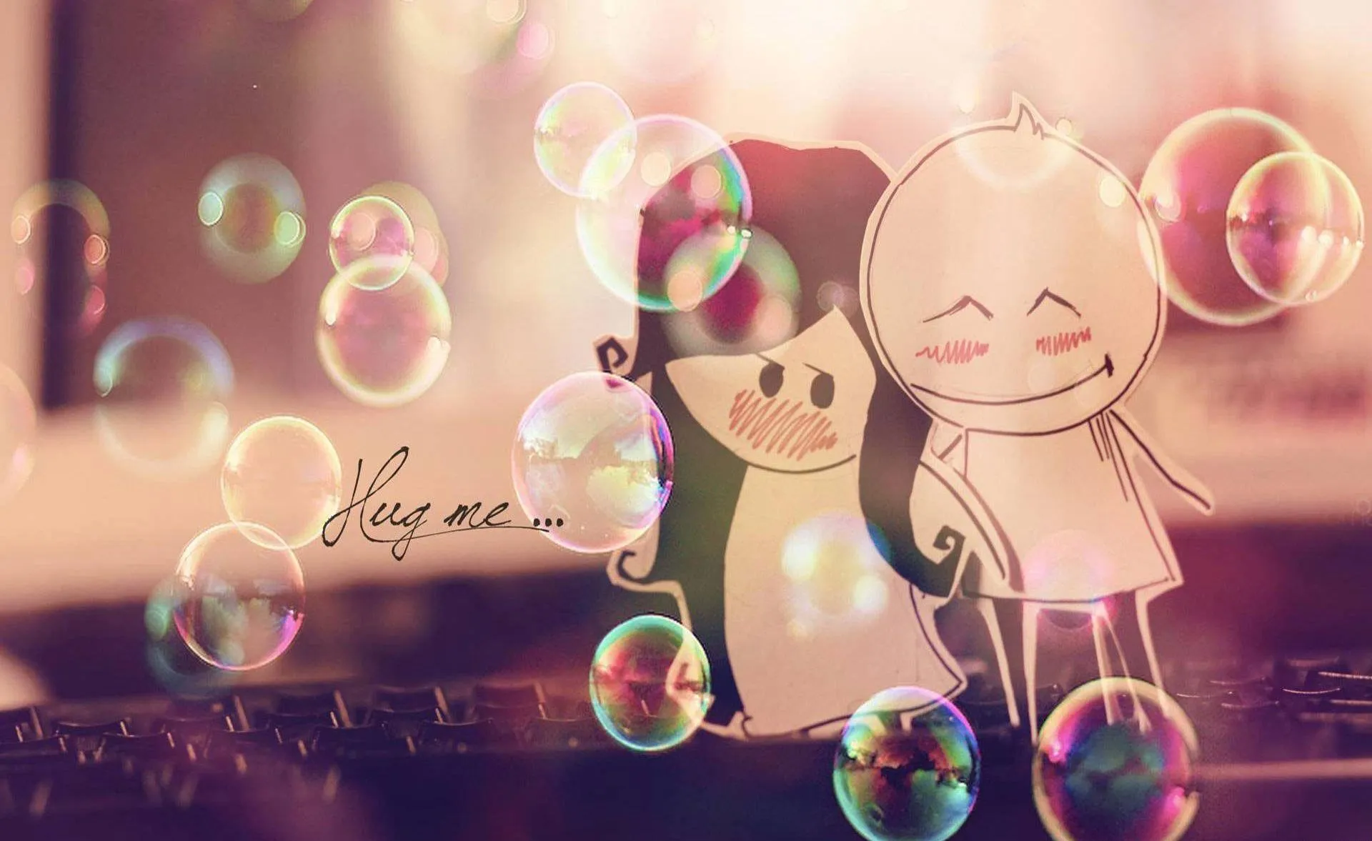 Cute Cartoon Couple Surrounded by Magical Bubbles Wallpaper