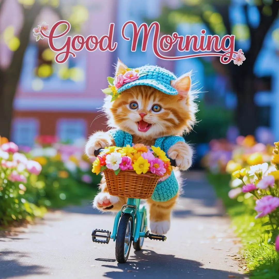 Cute Cat Riding Bike Wishing a Good Morning Image