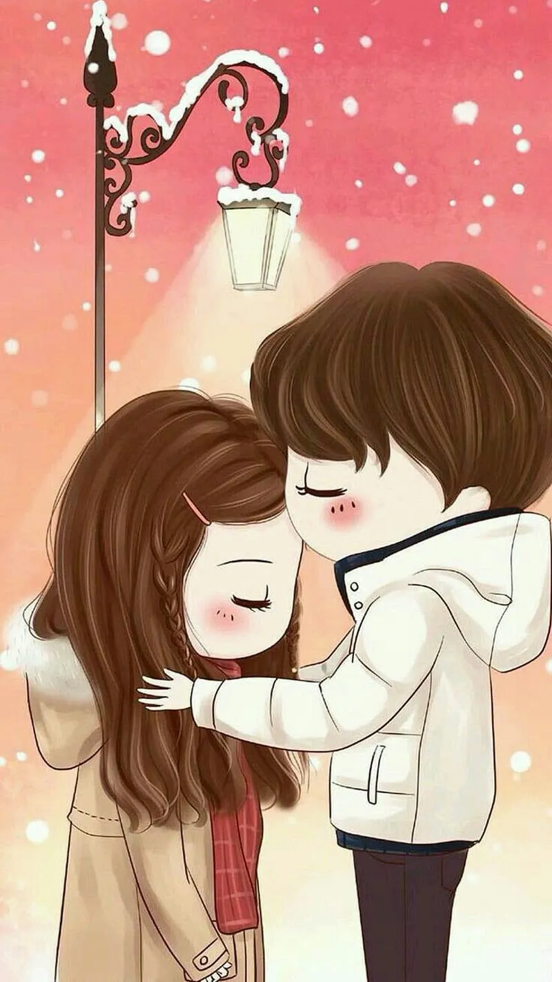 Cute Couple Hugging in Soft Pink Illustration Wallpaper