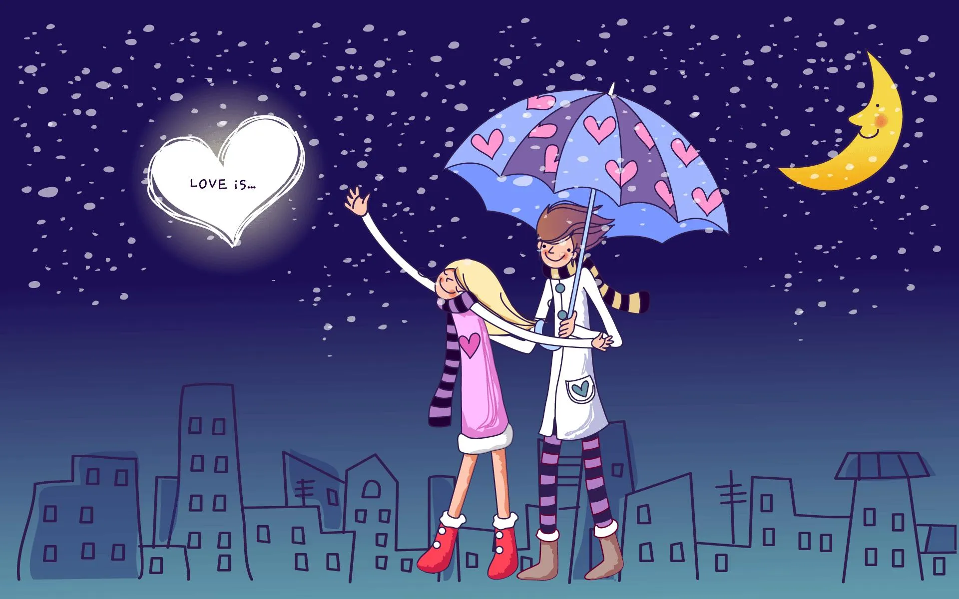 Cute Couple Sharing Umbrella Under Starry Night Wallpaper