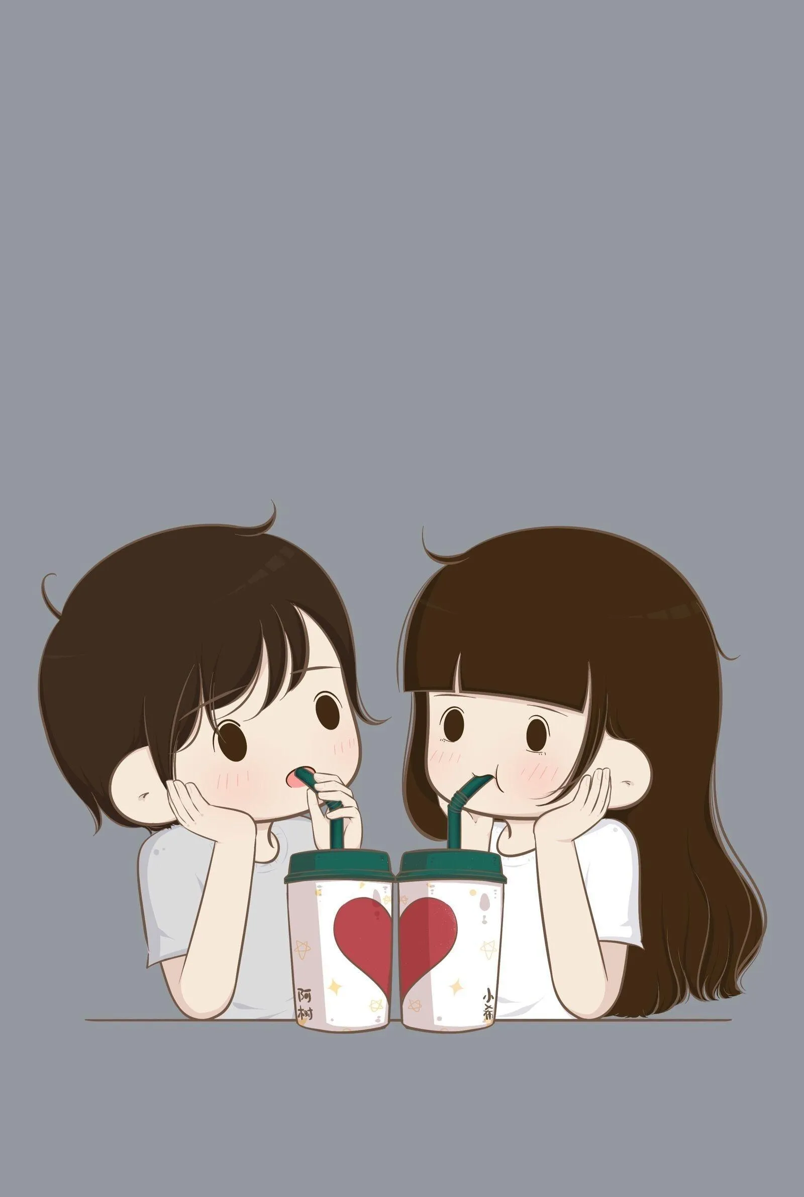 Cute Illustration of Couple Sharing Heart Drinks Symbol
