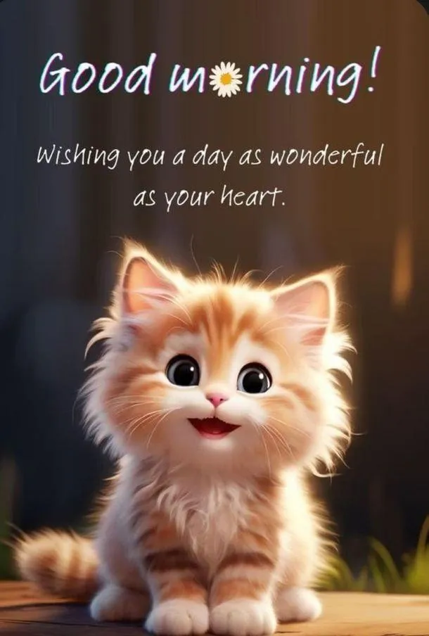 Cute Kitten Wishing a Lovely Morning with Smile Wallpaper
