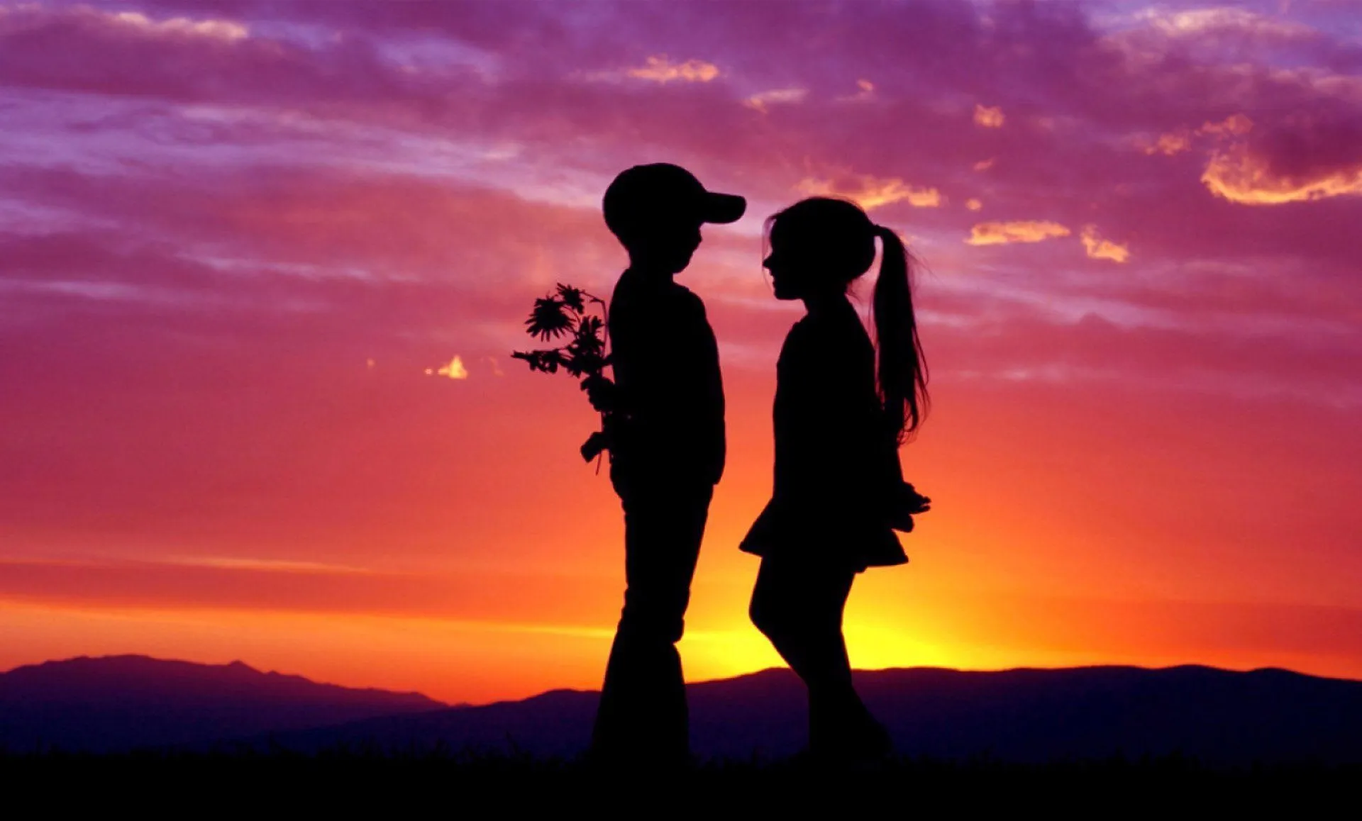 Cute Silhouette of Lovers Meeting at Sunset Horizon