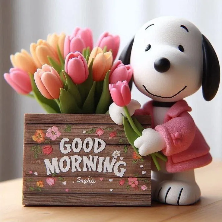 Cute Snoopy Holding Cup with Happy Good Morning Message