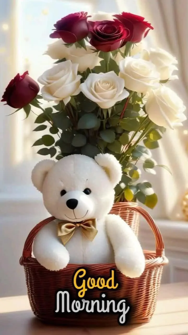 Cute Teddy Bear Holding Flower Saying Good Morning