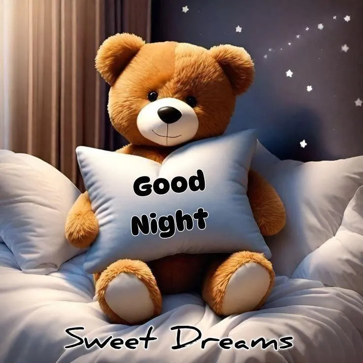 Cute Teddy Bear Holding Good Night Pillow and Sweet Dreams