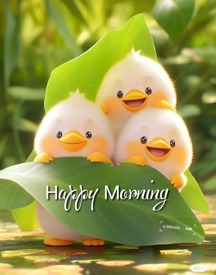 Cute Yellow Ducklings with Morning Wishes in Garden