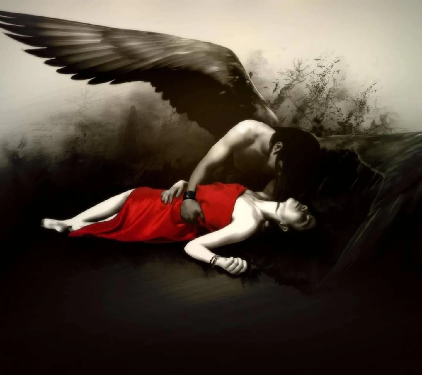 Dark Angel Comforting a Woman in a Dramatic Love Scene