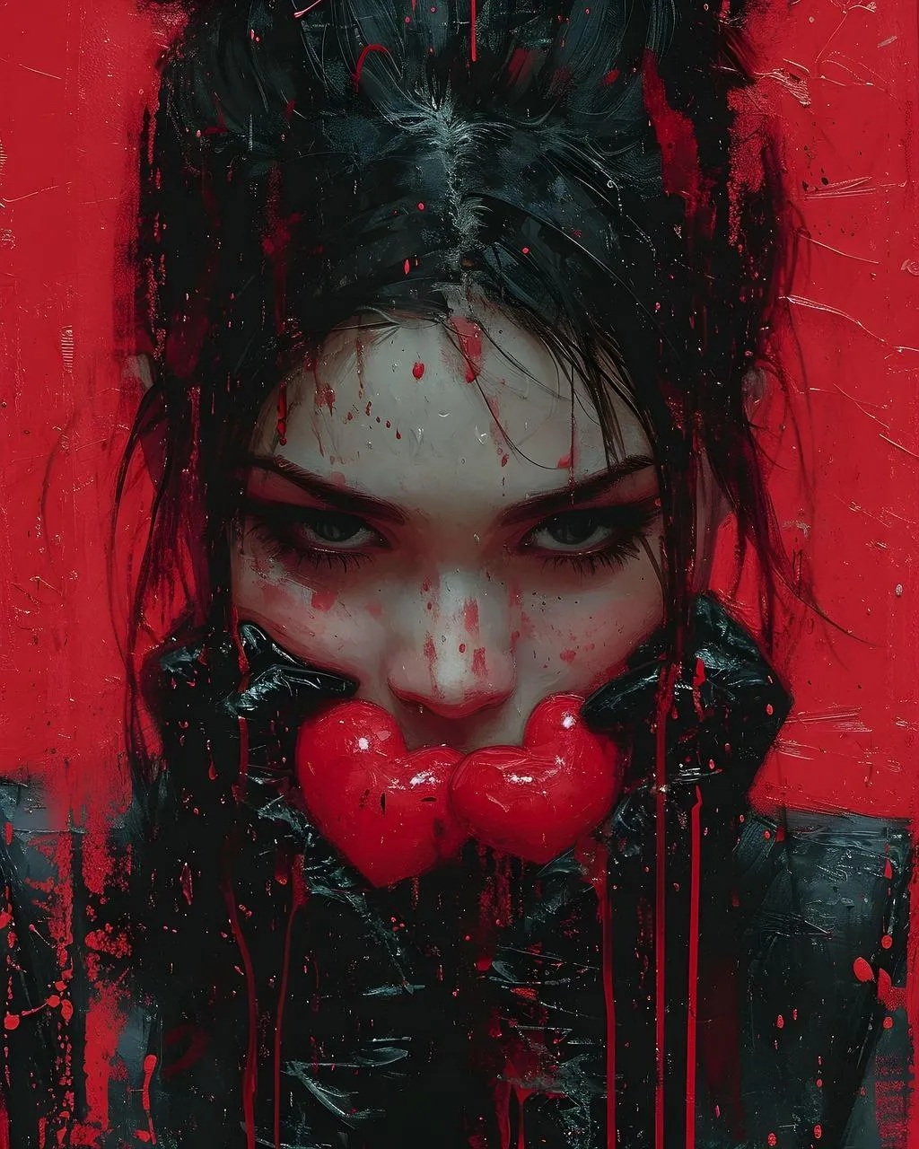 Dark Artistic Portrait with Red Love Elements Wallpaper