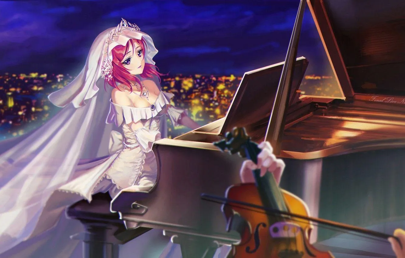 Elegant Bride Playing Piano Under City Night Sky Wallpaper