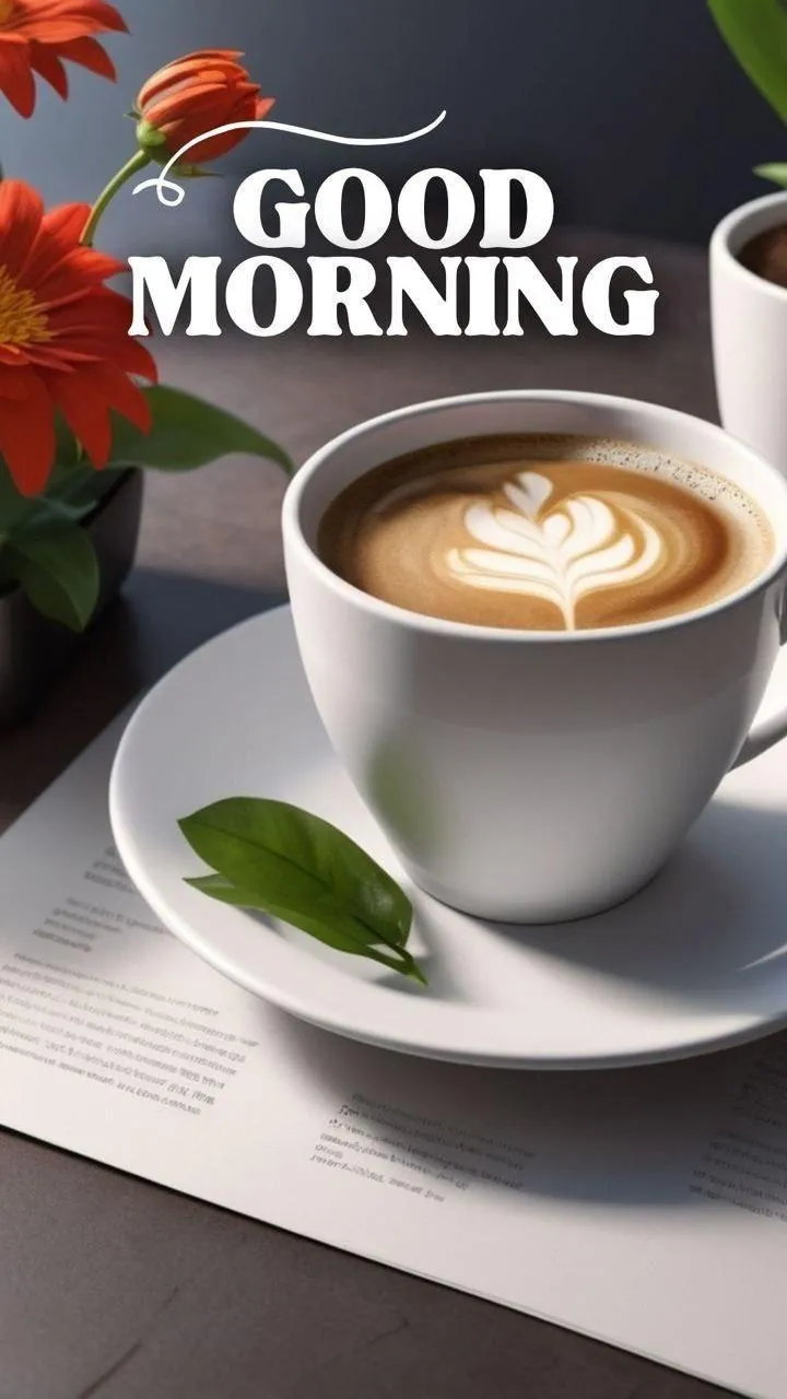 Elegant Coffee Cup with Green Leaf and Good Morning Text