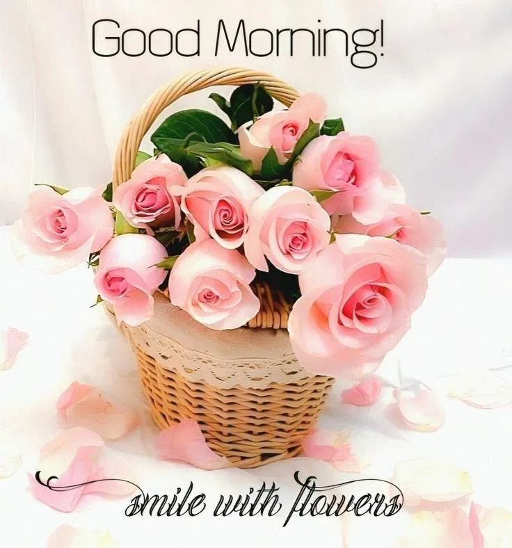 Elegant Good Morning with Pink Rose Bouquet in Basket