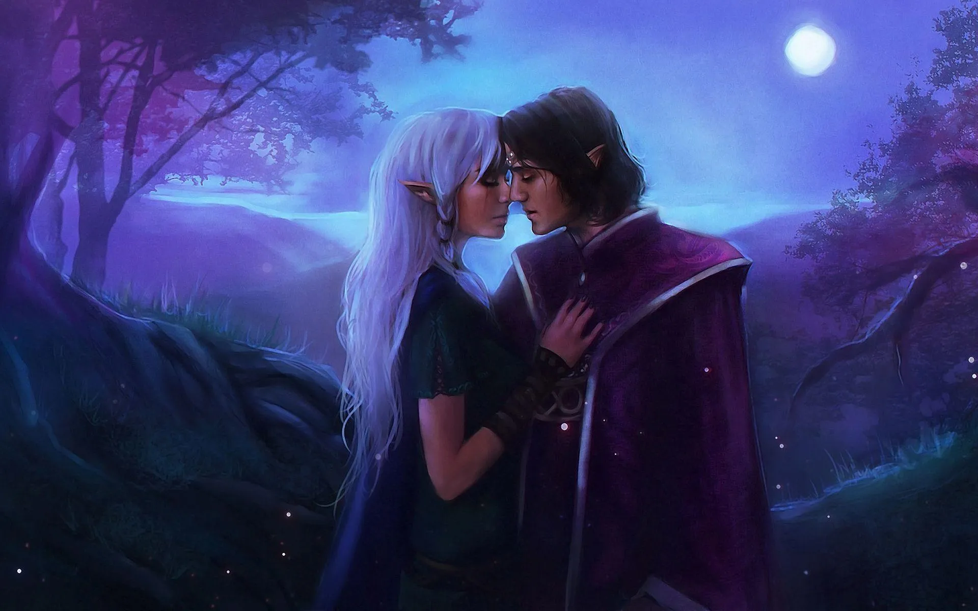 Elven Lovers Embrace Under Moonlit Enchanted Forest