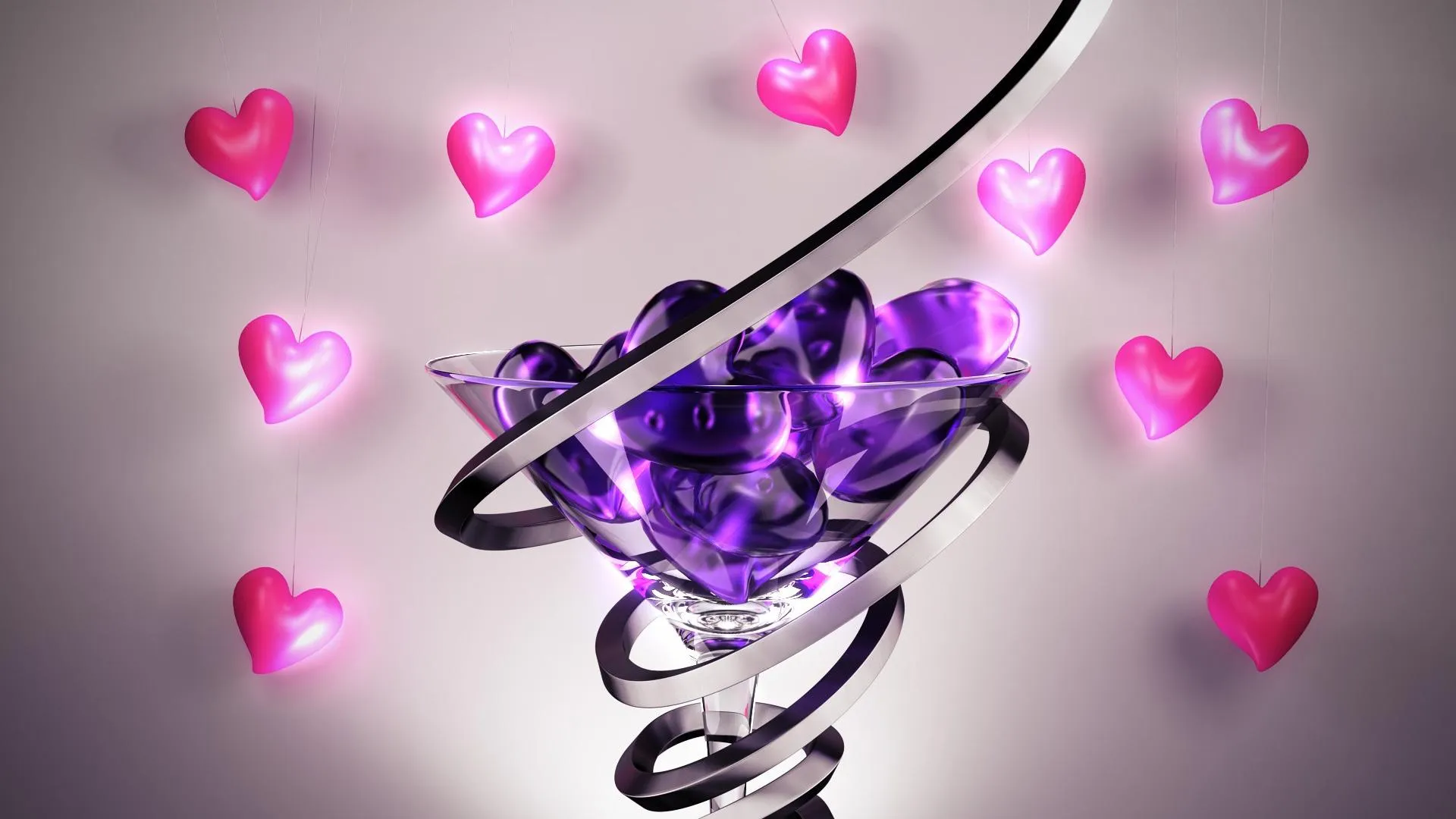 Falling Pink Hearts and Purple Romantic Illusion Wallpaper