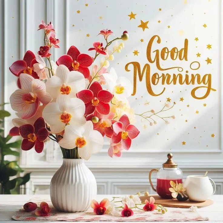 Floral Vase and Good Morning Greeting with Bright Background